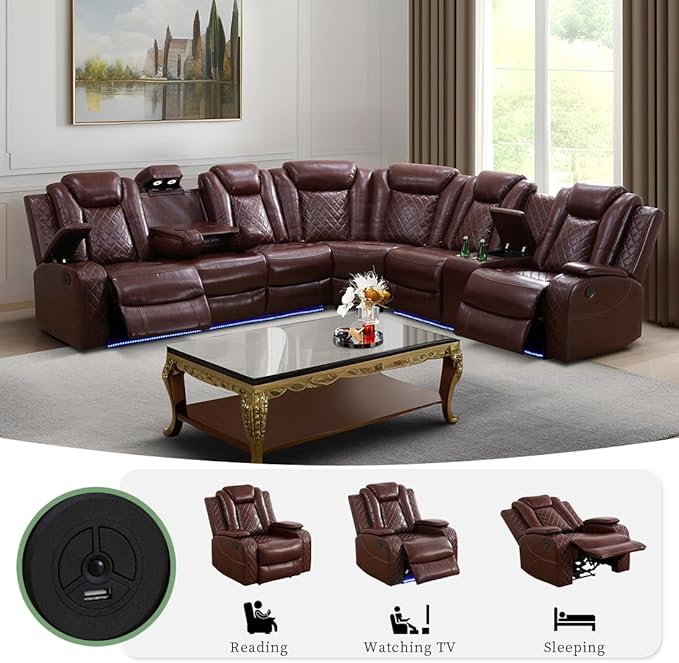 Dekmxas Leather Sectional 3-Piece Living Room Furniture Sets with LED Light, Power Recliner Sectional Sofa, Brown Power Reclining Sofa Couches Set with Cup Holder/Storage Console for Home Theater