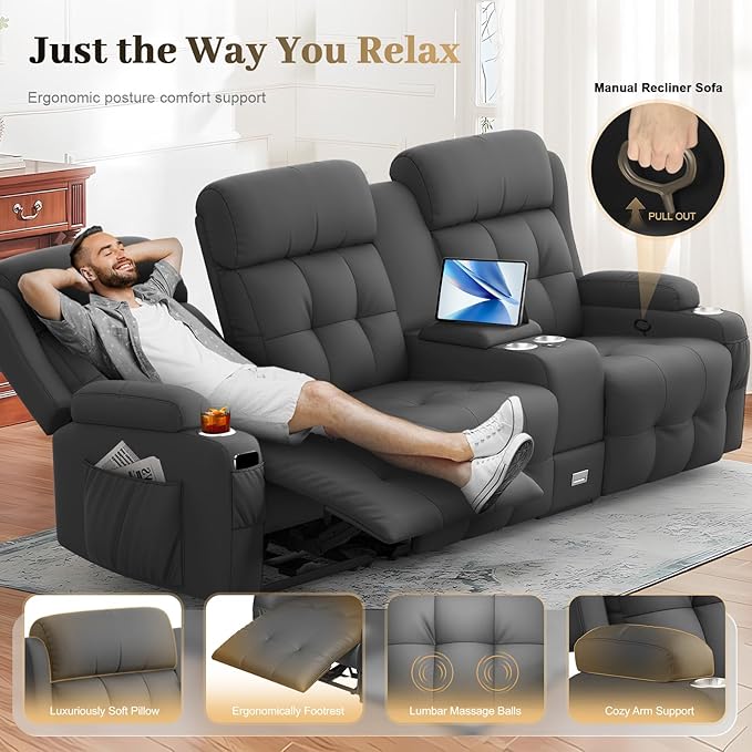 Aotolo Recliner Sofa, Massage Reclining Sofa 3 Seater Sets Heavy Weight Capacity, RV Loveseat Couch Clearance with Console, USB, Type C Port, Storage, Cup Holders, Wall Hugger Chair for Living Room