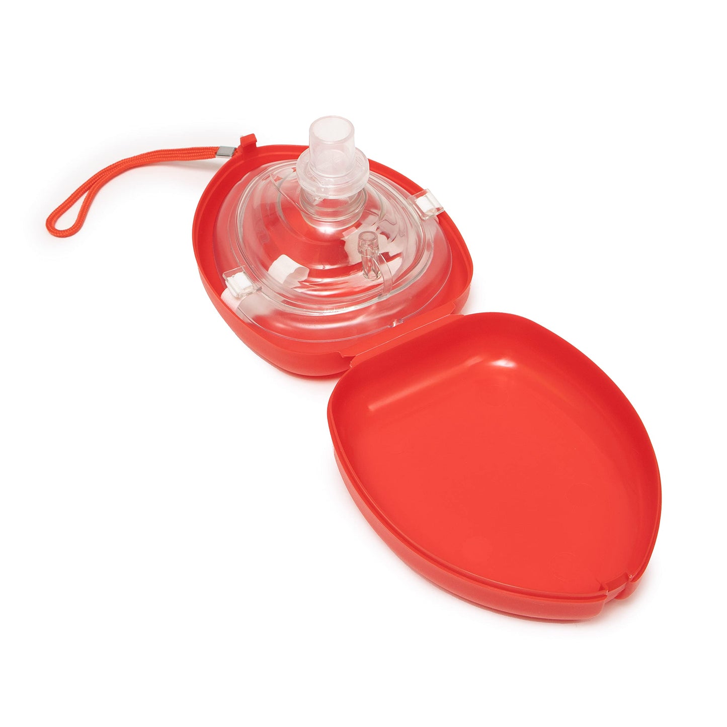 PrimaCare RS-6845 Single Valve CPR Rescue Mask in Red Hard Case, Adult/Child Pocket Resuscitator with Elastic Strap, Air Cushioned Edge, 6.5" x 4.8" x 1.6", Red, Clear
