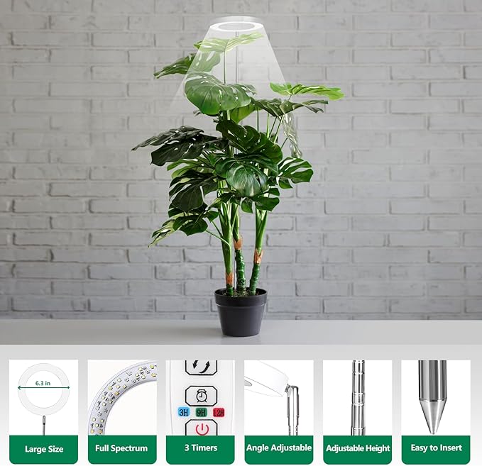 WaterRebirth 6.3 inch LED Grow Light for Indoor Plants, Full Spectrum Halo Plant Light with 3/9/12H Auto Timer, 10-Level Dimmable, Height Adjustable for Tall Plants