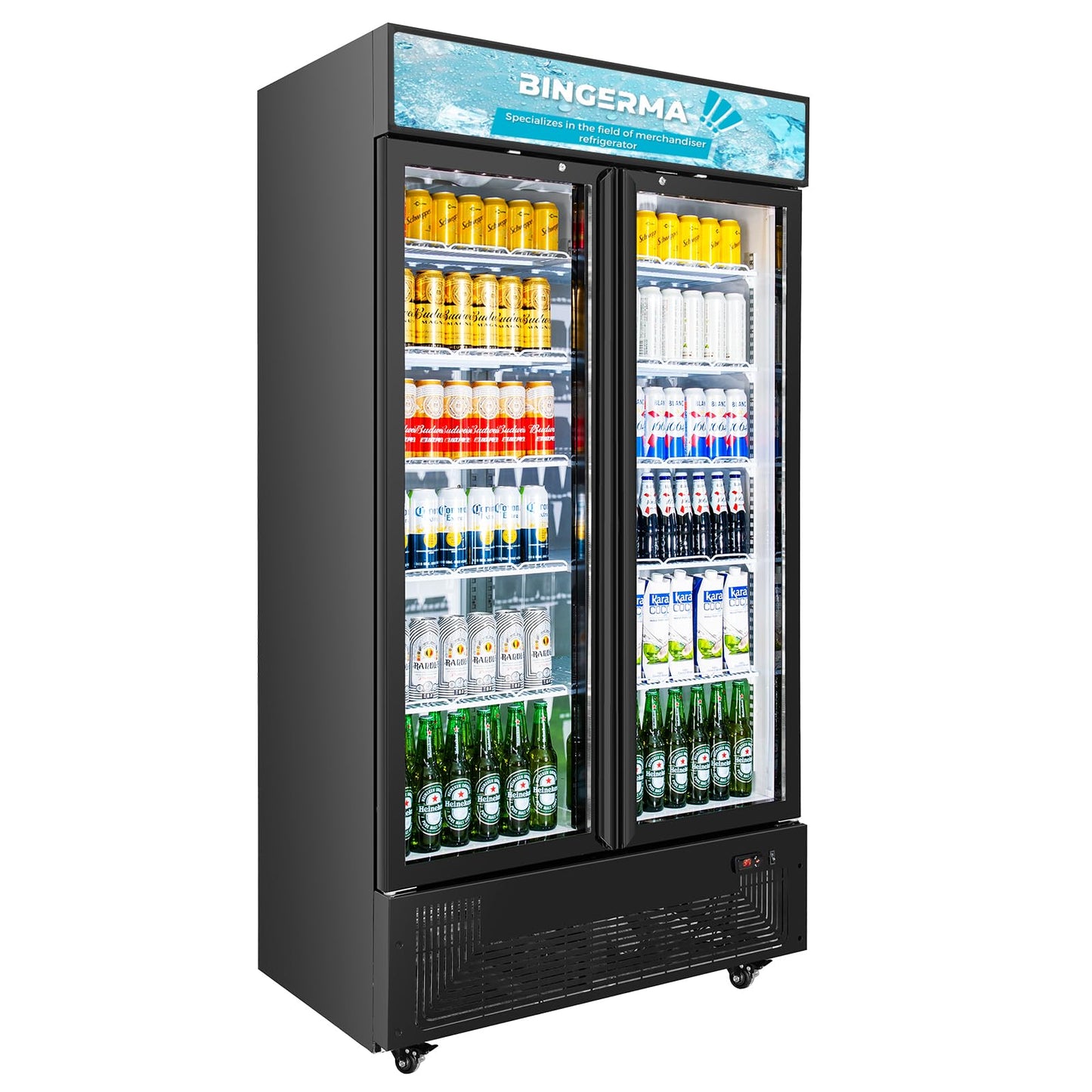 BINGERMA Commercial Merchandiser Display Refrigerator with 2 Glass Doors 30 Cu.ft Beverage Back Bar Cooler Black Drink Fridge for Convenience Stores, Supermarkets, Bars, Offices