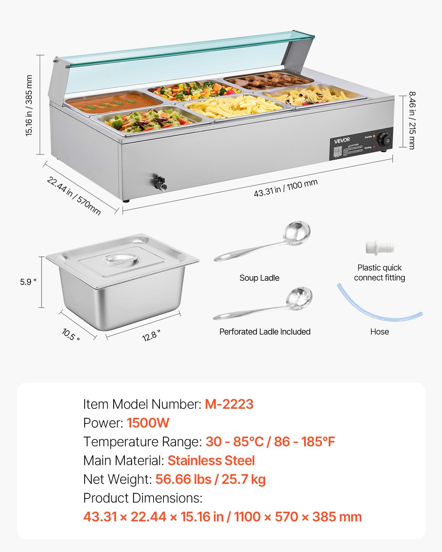 VEVOR Commercial Food Warmer, 1500W Electric Stainless Steel Steam Food Warmer with Glass Cover, 6 x 1/2 Size Pans Buffet Bain Marie with Soup & Perforated Ladles, for Catering, Restaurant & Party