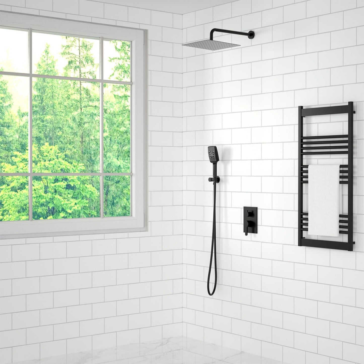Lavatrum Shower Faucet Set Wall Mounted Shower head with Handheld Comb Rain System 6 Function Pressure Balance - Stainless Steel Bathroom Shower Kit Complete 12 Inch Matte Black(With Valve)