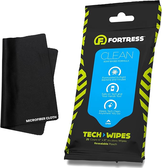 Fortress Electronic Wipes With Microfiber Cloth (25 ct.) To-Go Tech Wipes for Screens, Phones, Keyboards, TV Monitors, Computer Screens, and More [Travel Size] Skin-Safe
