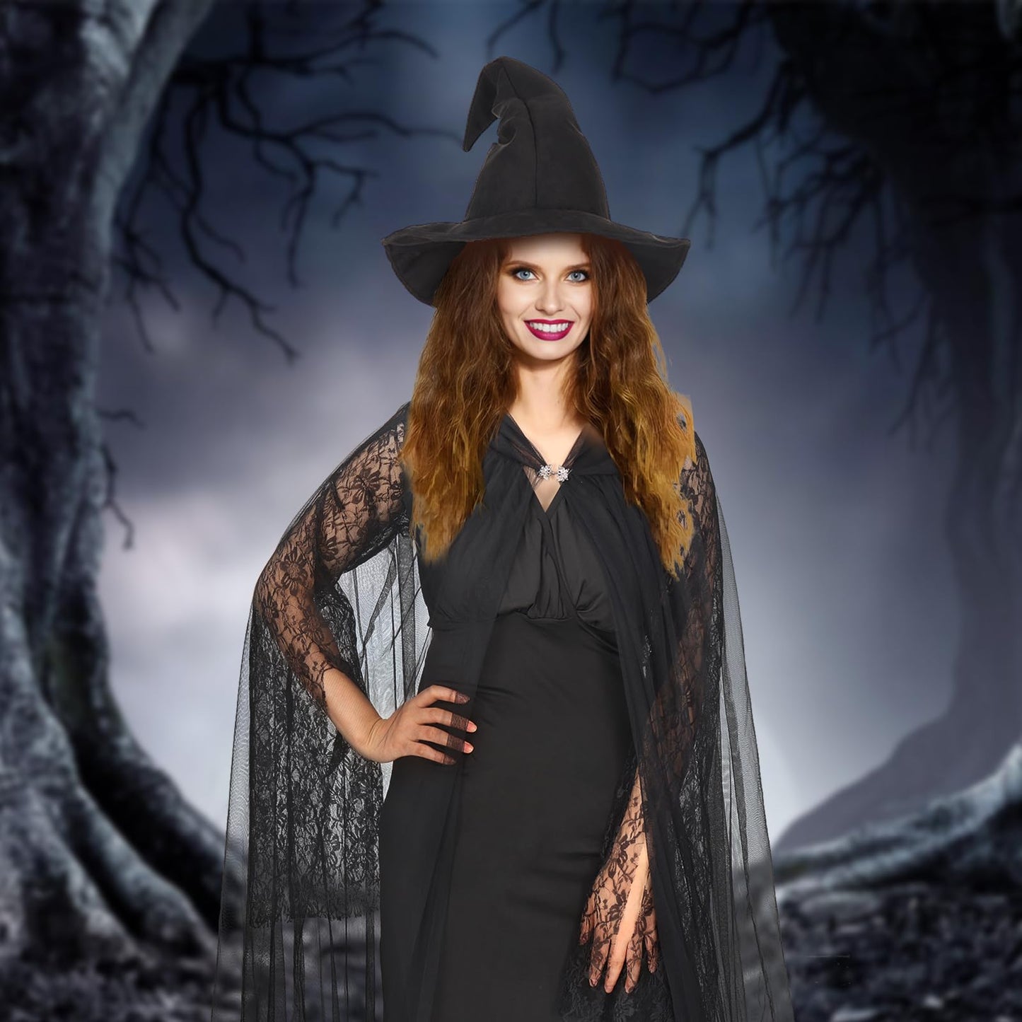 Ultrafun Halloween Witch Hat Costume for Women Full Length Sheer Witch Cloak with Hood for Cosplay Costume (Black)