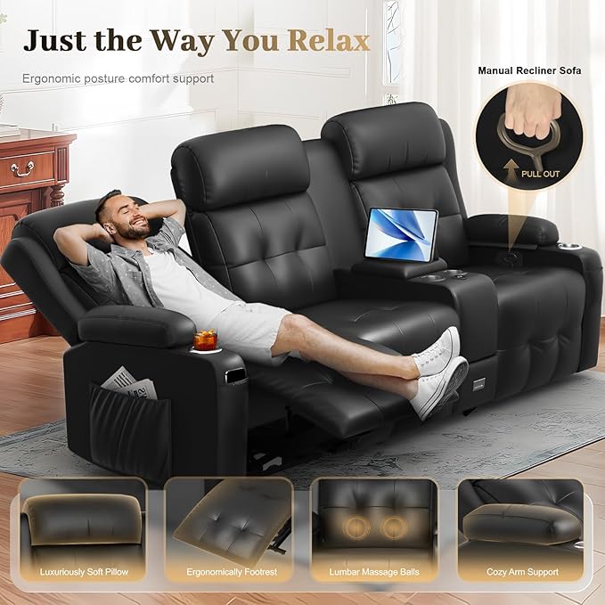 Recliner Sofa, 3 Sets of Massage Reclining 3 Seater Sofa Sets Heavy Weight Capacity, RV Loveseat Couch Clearance with Console, USB, Type C Port, Storage, Cup Holders, Wall Hugger Chair for Living Room
