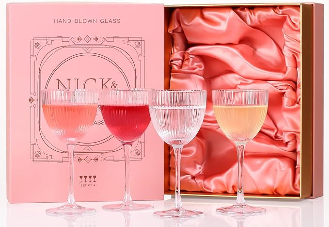 SIPBYSOP Nick and Nora Cocktail Glasses - Pink Martini Glasses, Ribbed Coupe Glasses Set of 4, 5 Oz,Valentines Day Gifts F...