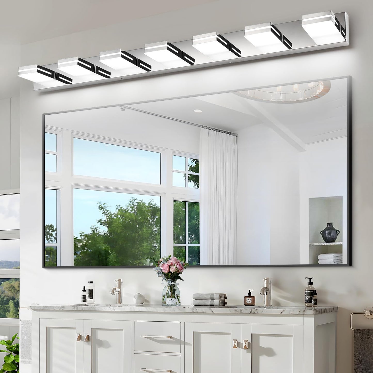 SineRise LED Modern Bathroom Vanity Light Fixtures (7-Light, 55-Inch, Dimmable), Chrome Modern Acrylic Bathroom Wall Lighting Fixtures Over Mirror (Cool White 6000K)