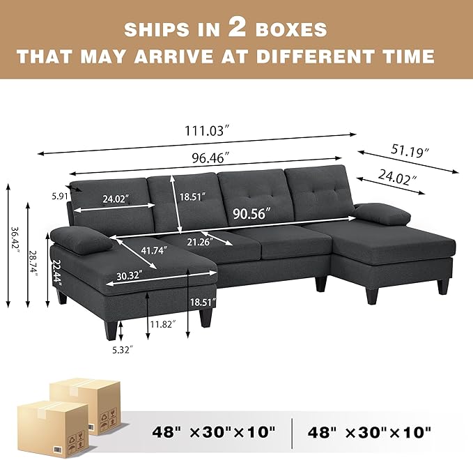 Chireca 111" Sectional Couch for Living Room, Modern Polyester Fibre U Shaped Sofa Couches with Double Chaise, Upholstered 4 Seater Sofa for Living Room, Apartment, Office, Dark Grey