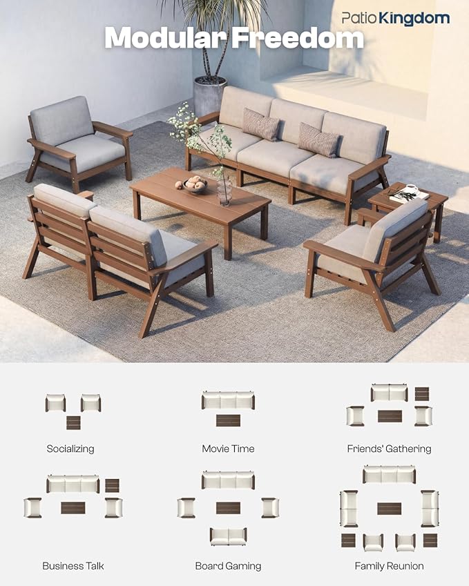 Patio Kingdom 7 Piece Patio Furniture Set, HDPE Outdoor Sectional with Gray Washable Thick Cushions, Coffee Table & Side Table, Patio Conversation Sets for Lawn, Garden, Porch, Balcony (Brown Frame)