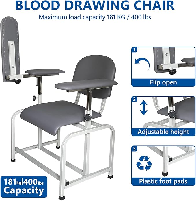 Helsevesen Blood Drawing Phlebotomy Chair, Comfortable Padded Lab Draw Chair with Adjustable Armrest (Grey-24.08)