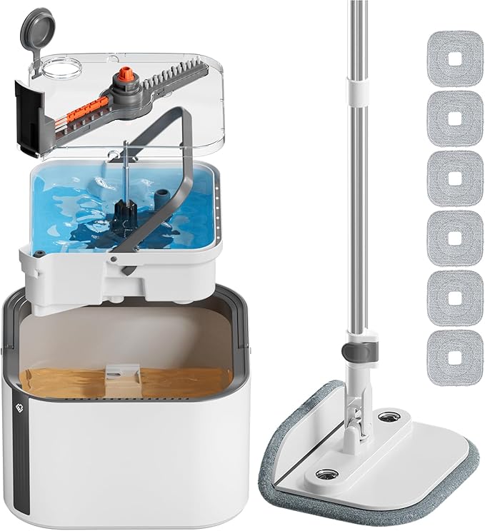 Upgraded Self-Standing Spin Mop and Bucket System, Detachable Inner Mop Bucket Separates Dirty Water & 90° Foldable Head, Triple-Scrub System, 0.9Gal Dual Drainage, for Hardwood Floors (White 6 Pads)