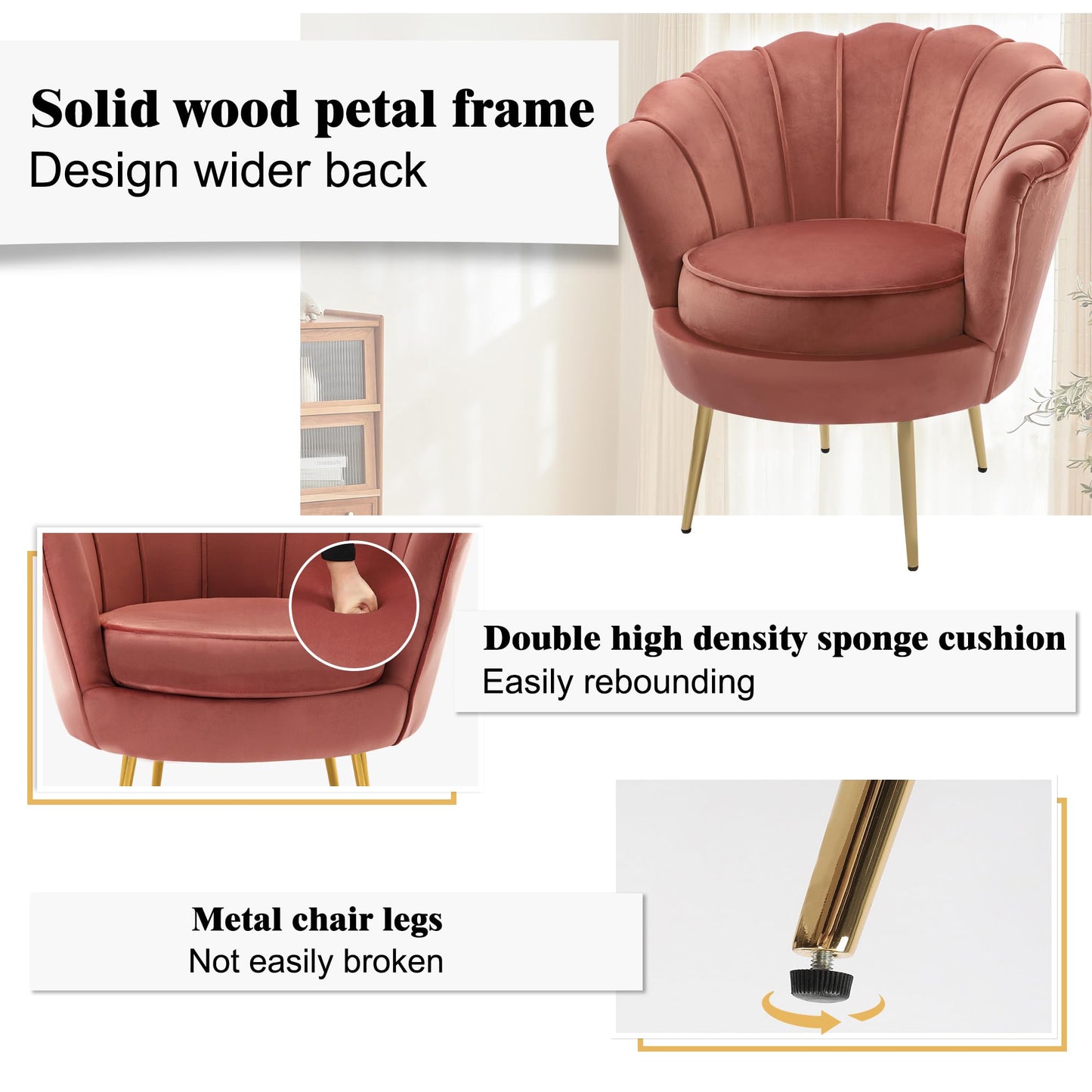 DAGONHIL Mid Century Modern Upholstered Accent Chair,Petal Vanity Chair,Retro Leisure Velvet Single Sofa with Golden Metal Legs for Living Room/Bedroom/Makeup Room, Rose Pink