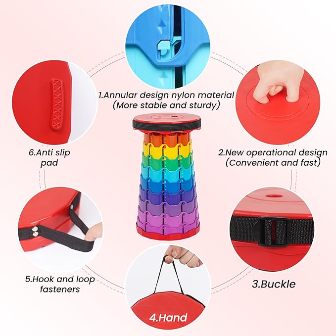 FXKS 2 Pack Portable Telescoping Stools Collapsible Stool with Cushion,Retractable Foldingstool Max Load Capacity 400lbs, Portable Collapsible Stools for Camping Hiking Outdoor BBQ Rainbow-Red
