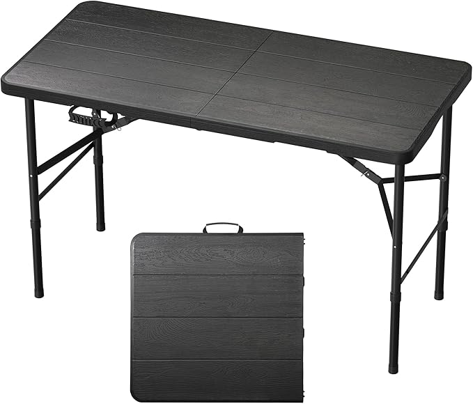 RootRise 4Ft Folding Table Adjustable Height Portable Folding Tables Heavy Duty 400 lbs Capacity, Wood Grain Tabletop for Working Meeting Parties, Picnic, Camping, Weddings, Garden Dining-Black (4FT)