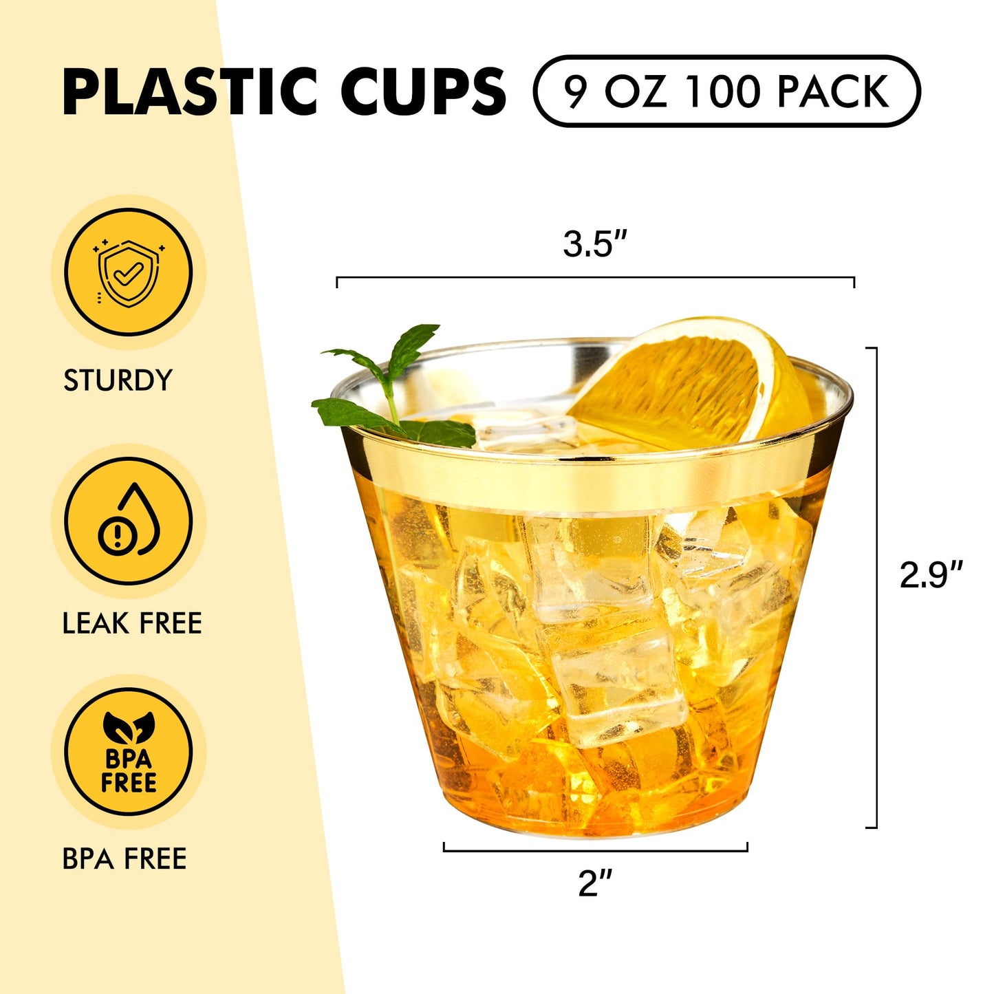 RACETOP 100 Pack 9 oz Gold Plastic Cups Tumbler, Disposable Cups with Gold Rim for Party, Heavy-duty Clear Plastic Wine Glasses, Disposable Wedding Cups
