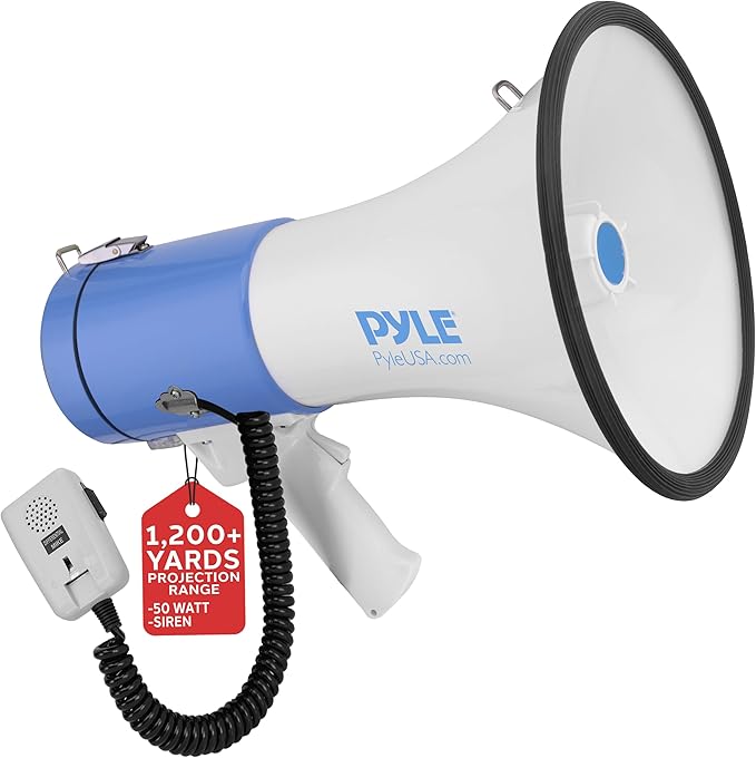 Pyle Megaphone - Portable PA Bullhorn - Built-In Siren, 50W Adjustable Volume Control In 1200 Yard Range, Ideal For Any Ou...