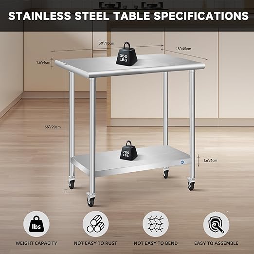 PIUMACU Stainless Steel Table with Wheels, Stainless Table for Prep & Work, 30 x 18 x 35Inch Commercial NSF Steel Metal Table for Restaurant Kitchen Hotel Garage