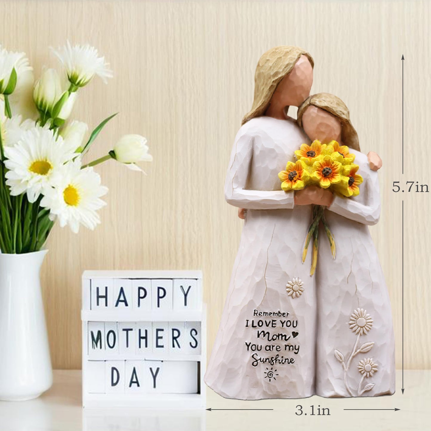 AUMELO Mom Birthday Gifts from Daughter, Gifts for Mom, Hand-Painted Mother Daughter Figurine Holding Sunflowers, 5.7" Resin Statue for Mothers Day, Christmas, Mother of The Bride