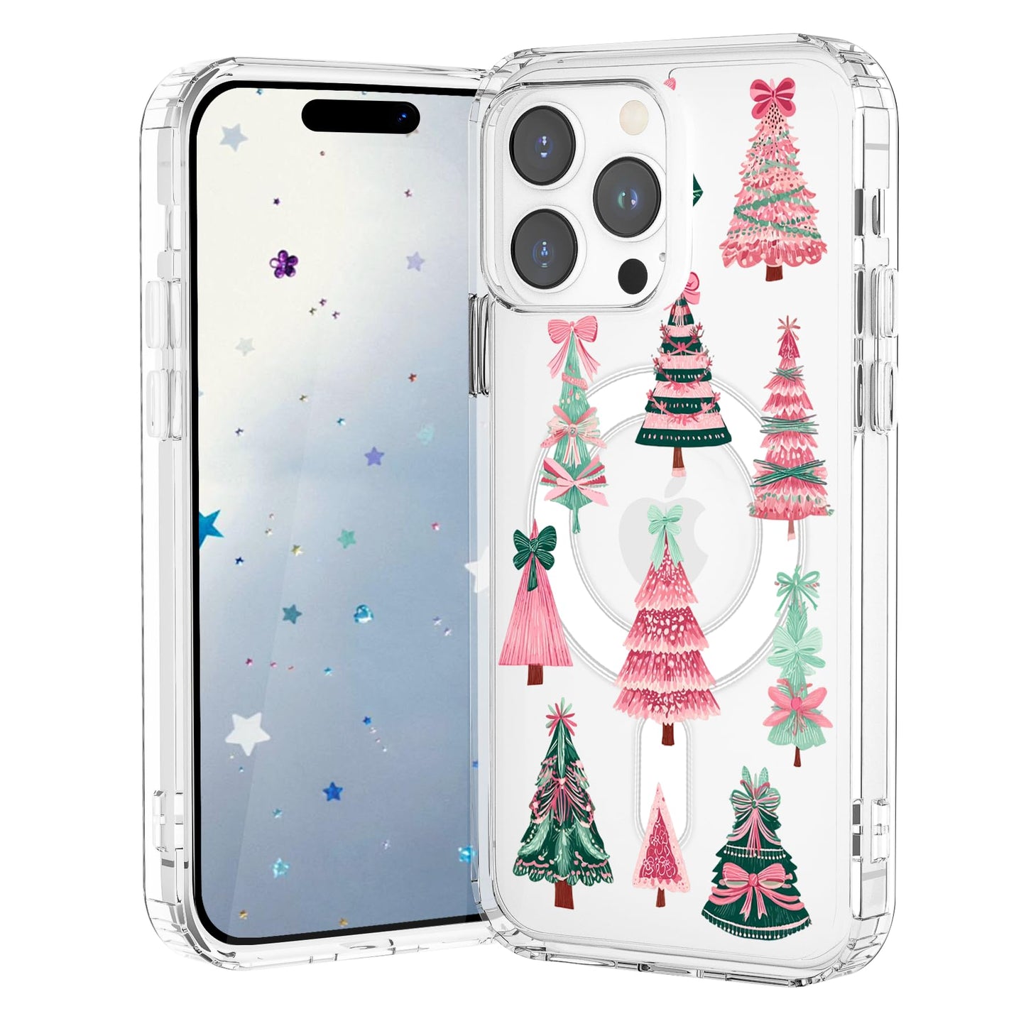 VibrantFruitique Christmas Case for iPhone 17,Pink Boho Xmas Tree Clear Magnetic Case,Compatible with MagSafe,Soft TPU Bumper Sh
