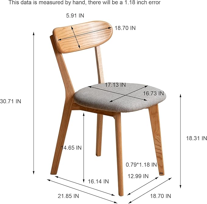 Grewood 100% Solid Oak Wood Dining Chairs,Mid Century Modern Dining Chairs with Upholstered Cushion,Kitchen,Dining Room Chairs Set of 2 (2, Original Color Grey Upholstery)