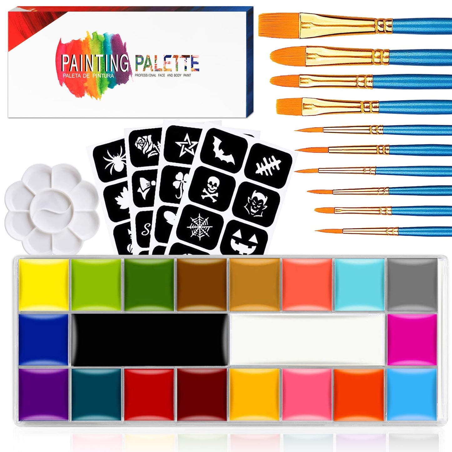 Face Paint,Face Painting Kit For Kids Party - 20 Water Based Non-Toxic Sensitive Skin Paints Includes10 Professional Brushes, 5 Sticker Models And A Paint Tray For Halloween Cosplay Parties.