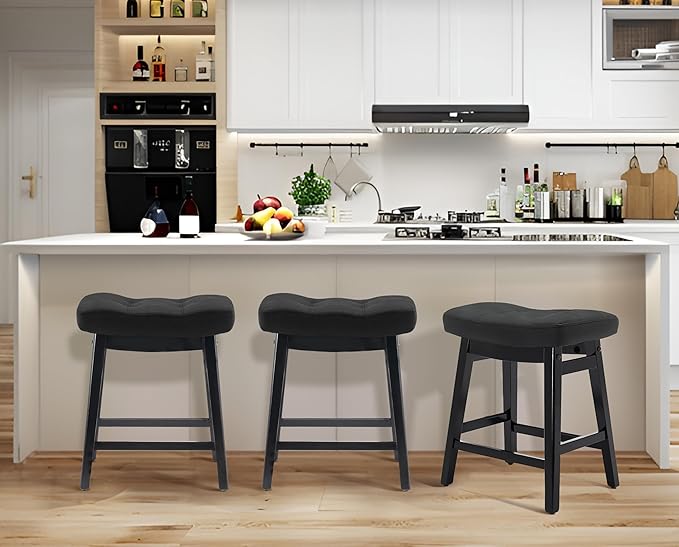 RNKSFX Counter Height Black Bar Stools Set of 3 for Kitchen Counter, Backless Farmhouse Kitchen Island Barstools with Upholstered Faux Leather Saddle Seat and Solid Wood Legs Modern 24 inch Bar Chairs