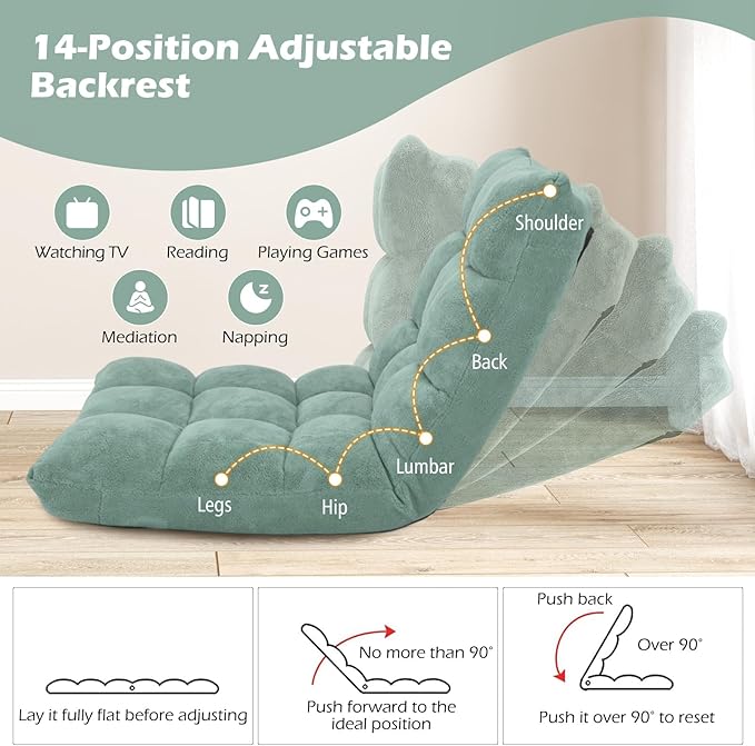 COSTWAY Floor Chair, Video Gaming Chairs with Back Support, Adjustable 14-Position, Alloy Steel Frame, Soft Coral Fleece, Lazy Sofa Lounge for Reading Living Room Recliner for Adults Kids (Green)