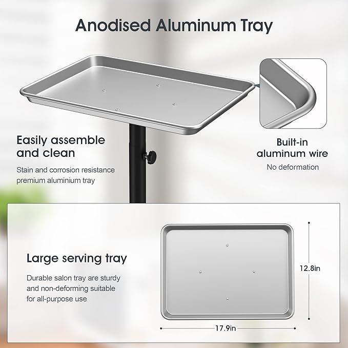 Premium Aluminum Salon Trolley Rolling Tray Silver Salon Station Tray with Wheels for Barber SPA Tattoo Clinic