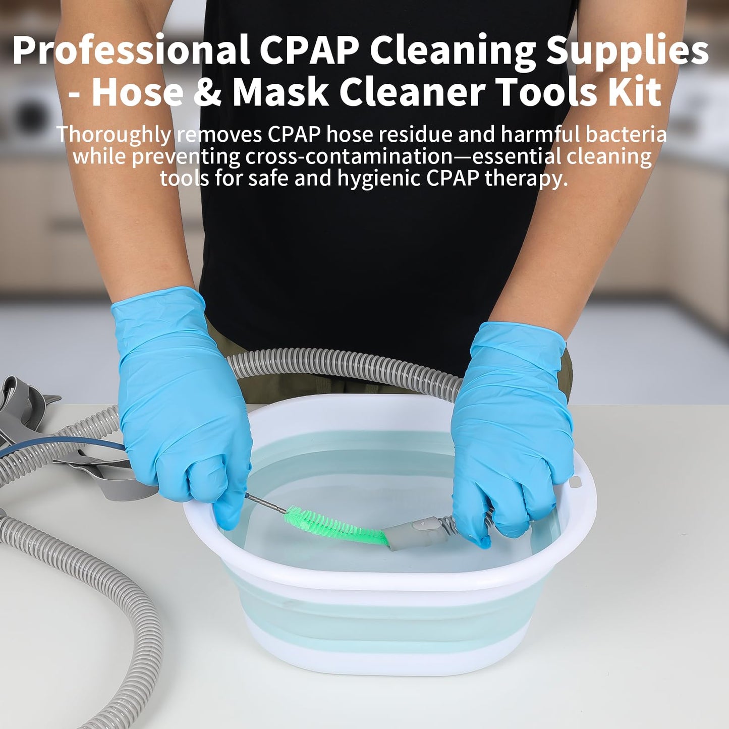 CPAP Hose Cleaner Kit - CPAP Tube Cleaning Brush, CPAP Hose Brush, LongFlexible CPAP Tube Brush with Basin, Drying Hook & Gloves - CPAP CleaningSupplies for Hose, Mask & Tubing
