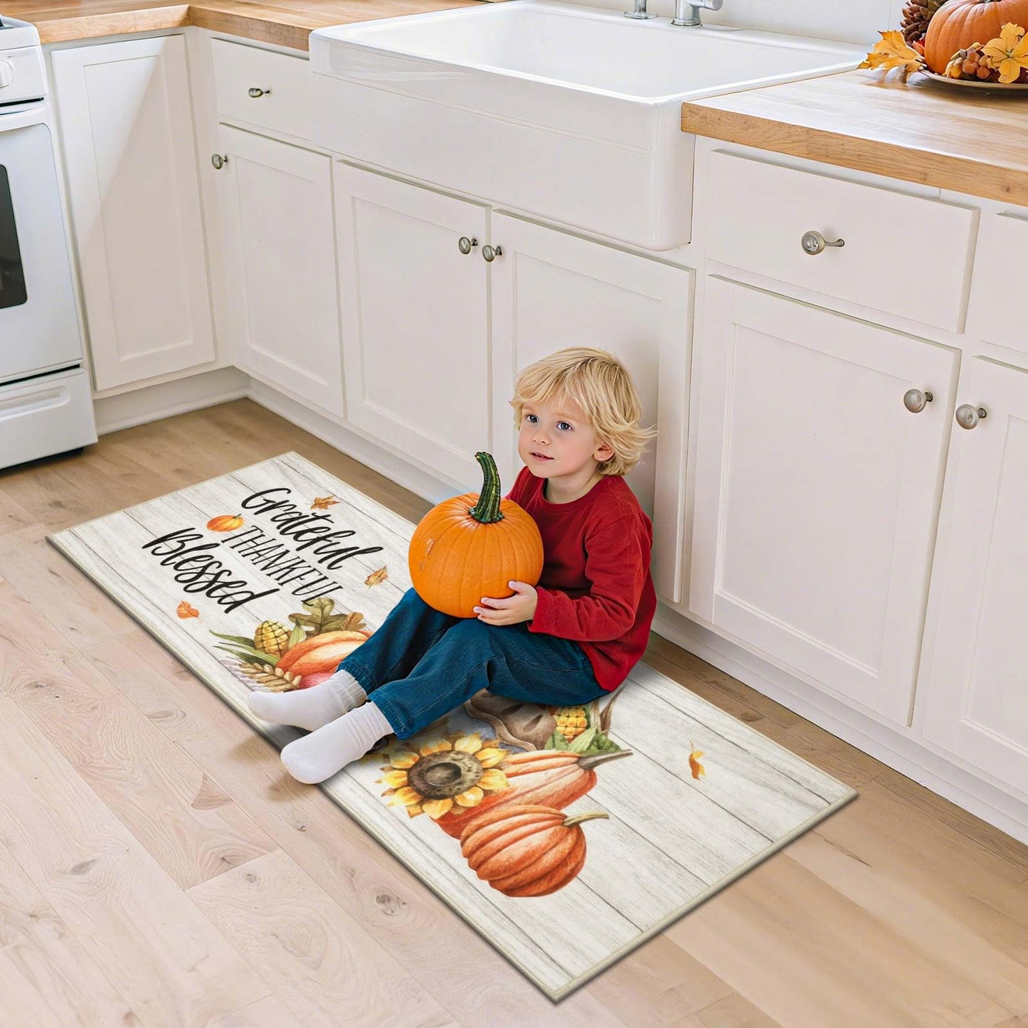 HEBE Fall Kitchen Rugs Sets of 3, Non Slip Pumpkin Kitchen Rugs and Mats, Washable Kitchen Mats for Floor, Autumn Kitchen Runner Floor Carpet for Thanksgiving Holiday Decor