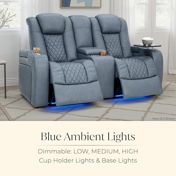 Seatcraft Anthem Italian Leather Loveseat w/Storage Console, Living Room, Power Headrest, Power Recline, Smokey Blue