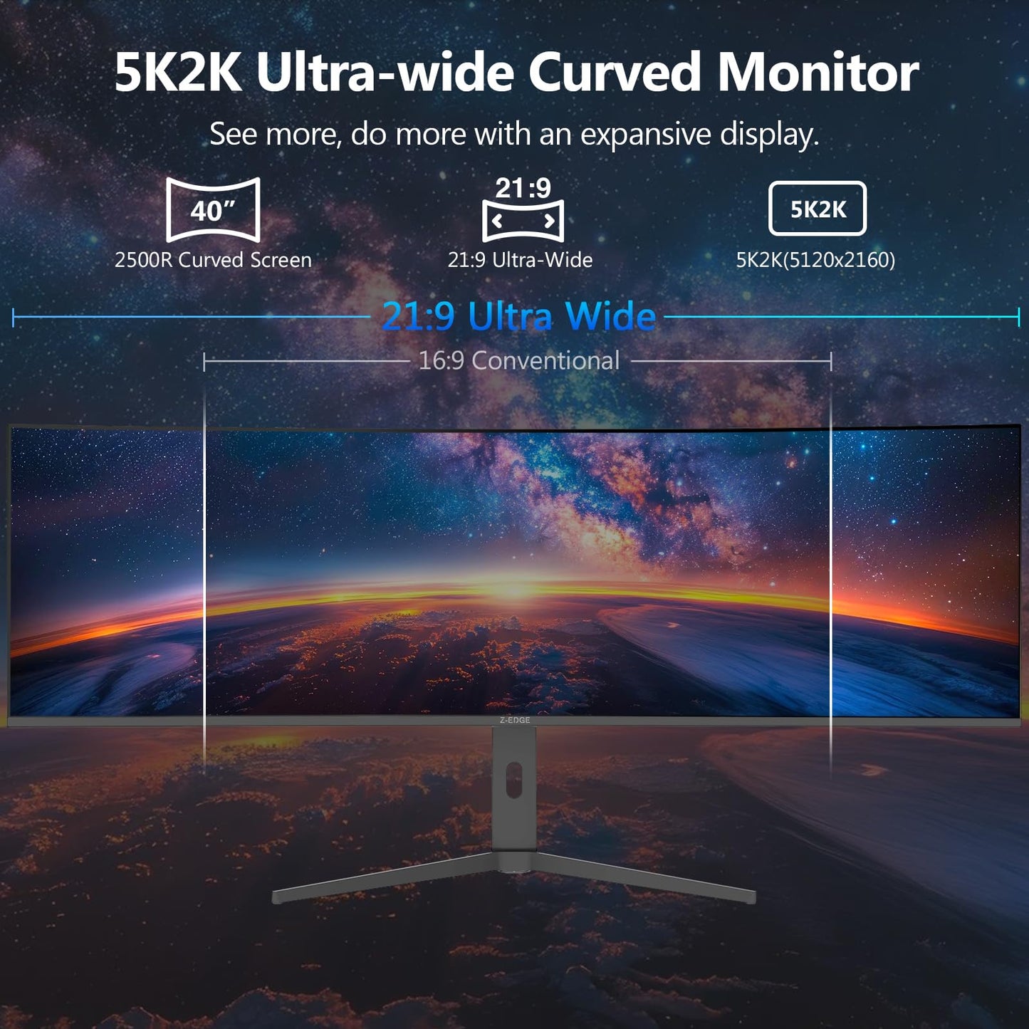 5K Monitor, Z-Edge 40 inch Ultrawide Curved Gaming Monitor, UHD 5120x2160 IPS Computer Monitor, 300 cd/m², 120Hz Refresh Rate, 1ms Response Time, UG40 2*HDMI(2.1) 2*DP(1.4) with Speakers