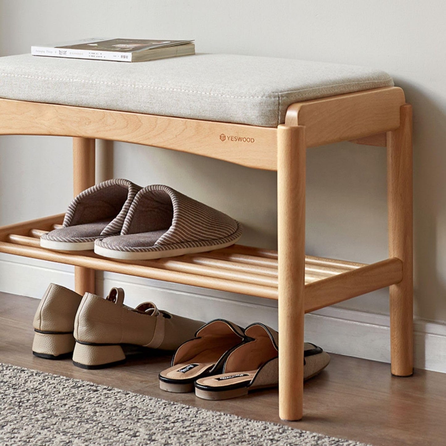 Vadisun Solid Wood Shoe Bench Assembled, Shoe Rack Bench with Cushion for Entryway, Living Room, Bedroom, Hallway, 11.8" x 23.6" x 16.5", Natural
