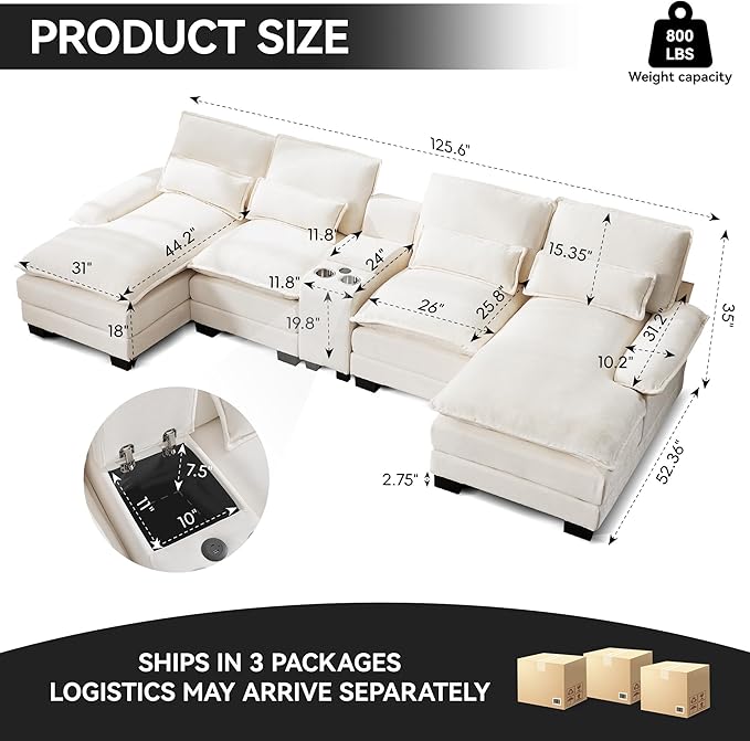125" U Shaped Cloud Modular Sectional Couch for Living Room, Small Comfy Chenille Sofa with Double Chaise Lounge, Storage Central Console, Cup Holders, USB Port,Beige