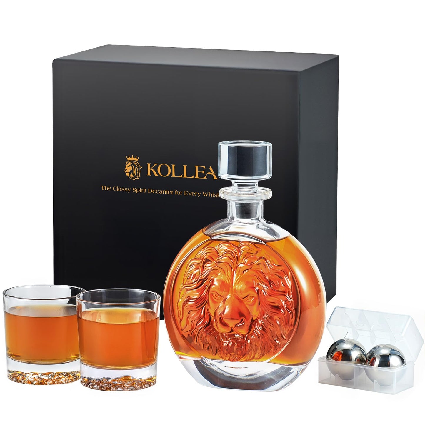 Engraved Lion Whiskey Decanter Set Gift for Men, Including 2 Lion-Engraved Shot Glasses & 2 Whiskey Ice Balls, Unique Christmas Birthday Gifts for Men Dad Husband, Cool Whiskey Set for Husband Brother