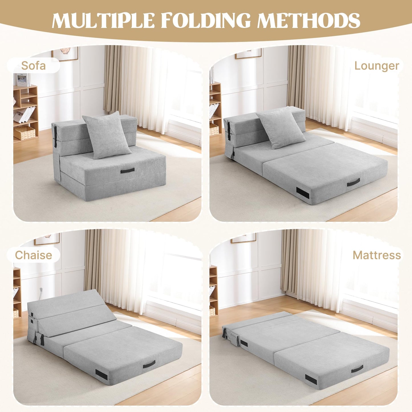 Aivermeil Folding Sofa Bed Couch Futon Sleeper Chair with Pillow, Convertible Futon Couch, Foldable Mattress, Washable Cover, for Living Room/Dorm/Guest Room, Single Size, Light Gray