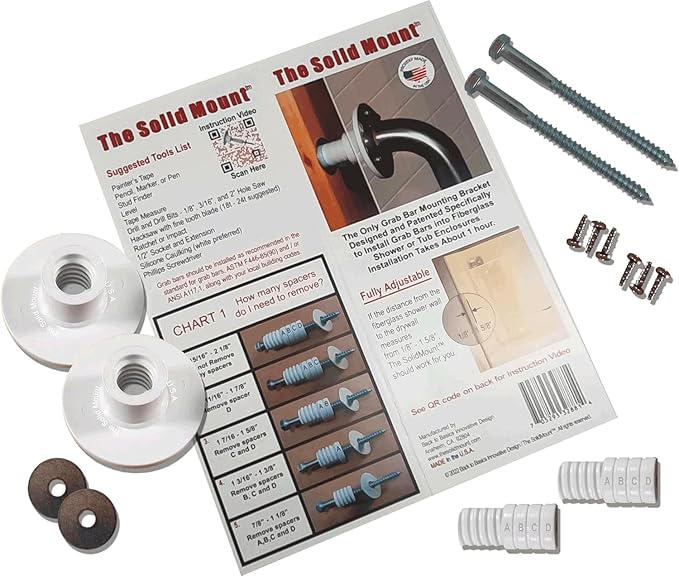 Grab Bar Mounting Kit for Fiberglass Showers. The Solid Mount uses Adj. Spacers for use in most fiberglass showers with wo...