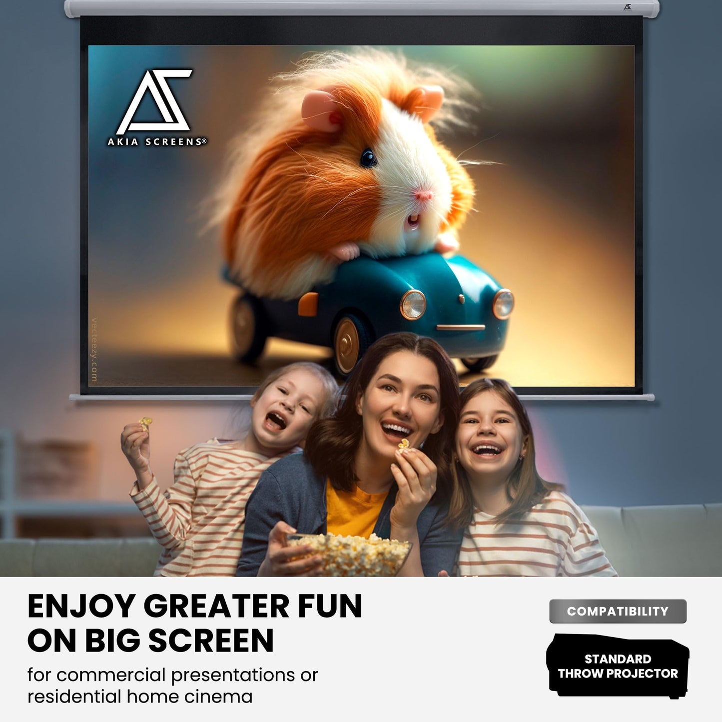 Akia Screens 110 Inch Manual Pull Down Projector Screen, 16:9 Retractable Projection Screen, 4K 8K HD Ready, Wall or Ceiling Mount, Auto-Locking Indoor Home Theater Screen, White Case (AK-M110H1)