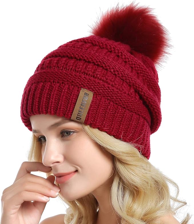 QUEENFUR Women Knit Slouchy Beanie Chunky Baggy Hat with Faux Fur Pompom Winter Soft Warm Ski Cap