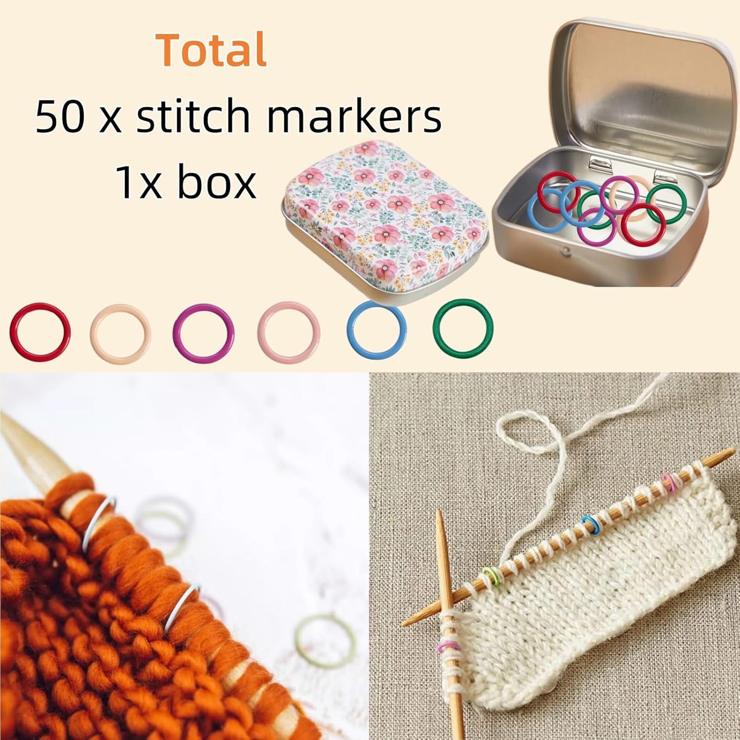 Round Shape Knitting Stitch Markers,50Pcs Multicolor Metal Stitch Markers with Floral Design Small Tin Box