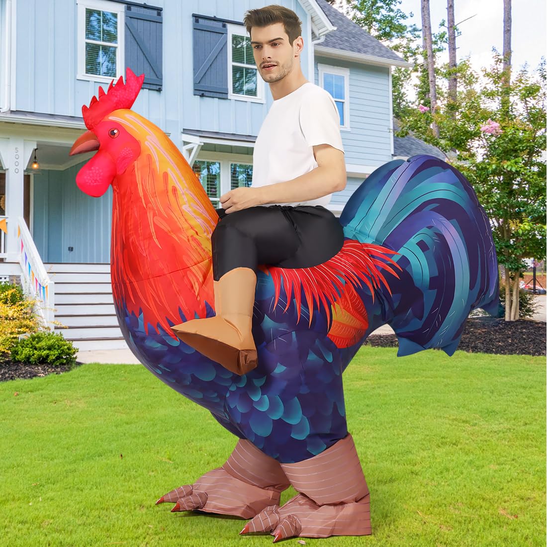 COMIN Inflatable Chicken Costume Ride-on Rooster suit Adult Blow up Suit Funny Fancy Dress Cosplay Cock Halloween Costume for Men Women (63'')