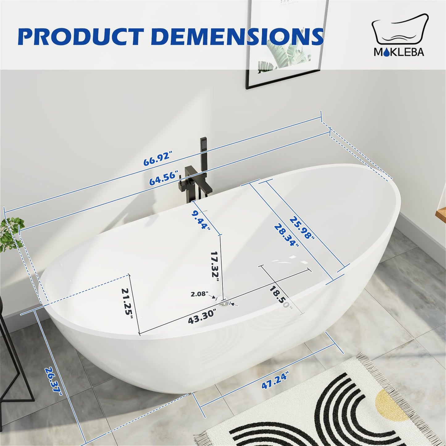 Mokleba 67" Lucite Acrylic Freestanding Bathtub, Double Slipper Shape Contemporary Soaking Tub with Toe-tap Chrome Drain, Slotted Overflow, cUPC Certified, Glossy White
