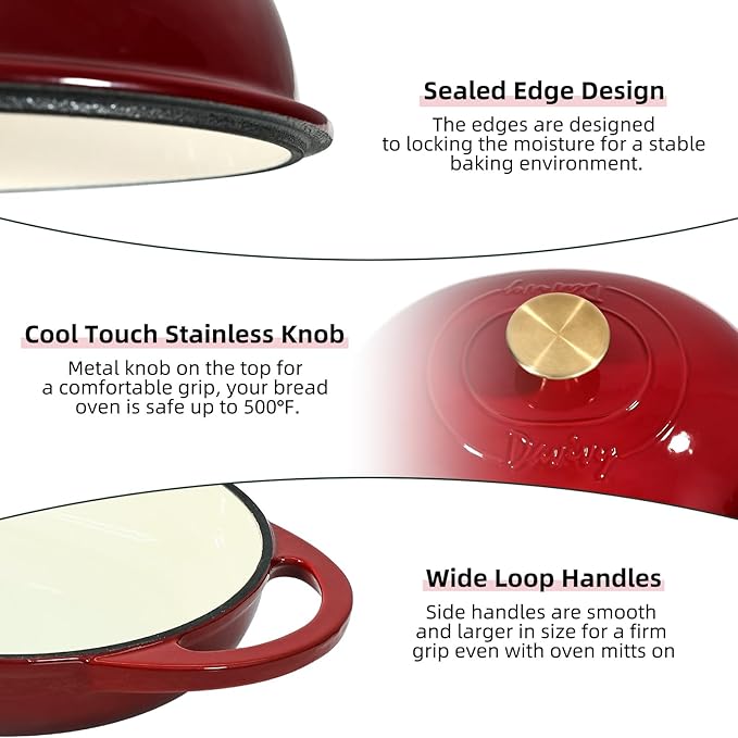 Davivy 6QT Oval Cast Iron Sourdough Dutch Oven with Silicone Oven Mitts, Bread Dutch Oven for Sourdough Bread Baking 6QT, Cast Iron Bread Cloche Loaf Pan with Domed Lid - Ruby Red