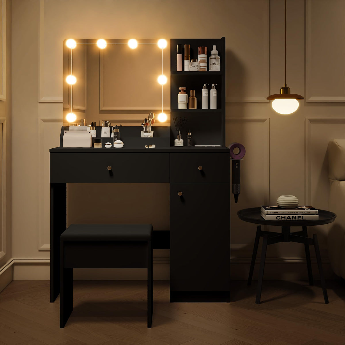 Yegosh Vanity Desk 35.4 Inch Makeup Vanity Table with Mirror and Lights Drawers & Cabinet Storage Shelves Cushioned Stool Dressing Table Set Include Charging Station Hair Dryer Stand (Black)