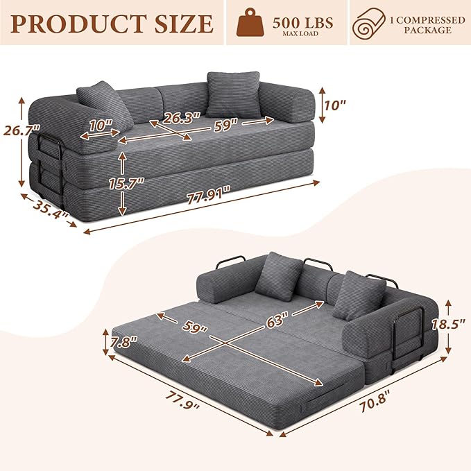 77" Convertible Sofa Bed, Modular Folding Futon Corduroy Floor Foam Compressed Loveseat Sleeper Sofa Couch, Pull Out Queen Size Couch Bed with 2 Pillows for Living Room Guest Room Studio, Dark Grey