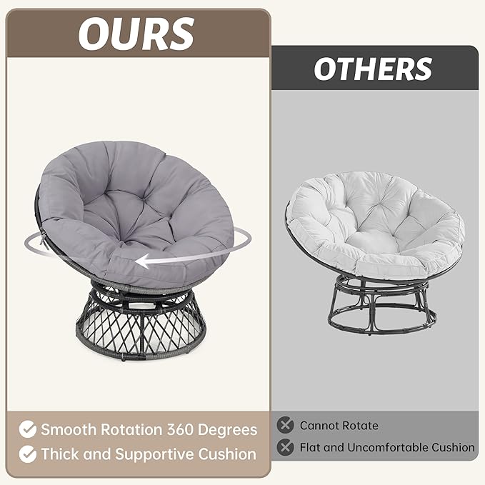 40" Ergonomic Wicker Papasan Chair, 360° Swivel Indoor Outdoor Rattan Chair with Soft Thick Cushion, Ideal for Living Room, Bedroom, Reading Room, Grey Frame with Light Grey Cushion