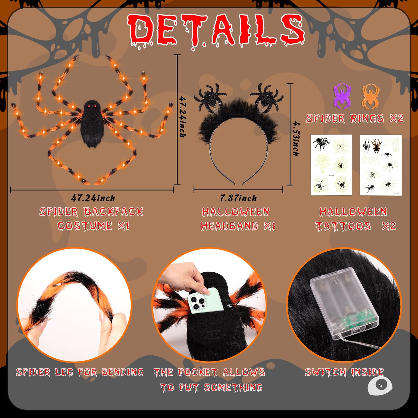 Halloween Spider Costume for Adults Orange LED Lights Plus Candy Backpack Headband Ring Tattoos for Trick or Treat Cosplay Halloween Party Decorations Accessories(Batteries Not Included)