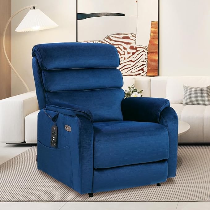 EONIX Dual Motor Lay Flat Power Lift Recliner Chair for Elderly, Chenille Fabric Electric Lift Chairs for Adults, 400lbs Heavy Duty Power Recliner with Heat Massage Charging Ports, Chenille Blue