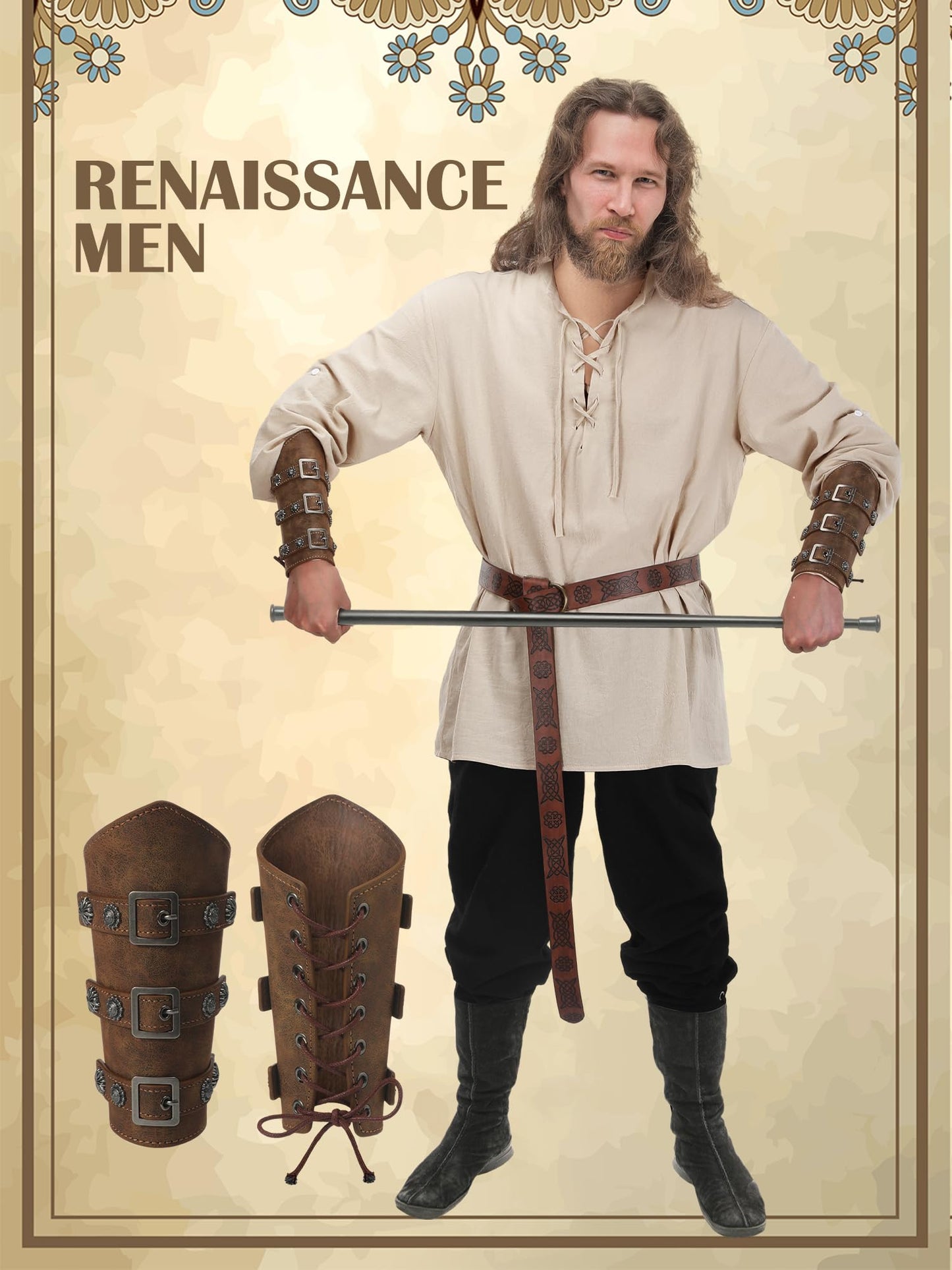 Jiuguva 4 Pcs Halloween Men's Renaissance Costume Set Medieval Pirate Shirt Ankle Banded Pants Viking Belt Accessories (Classic Color,Large)